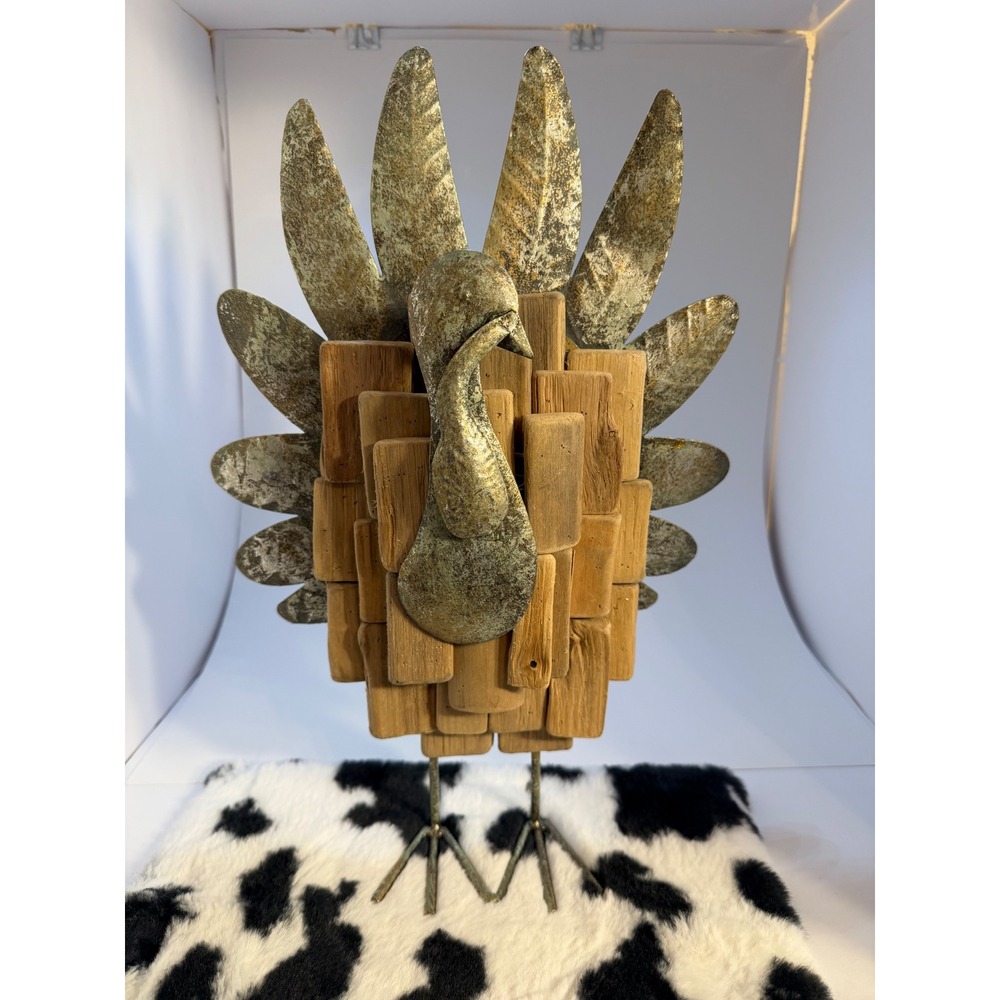 Rustic Wood and Metal Turkey Figurine Thanksgiving Harvest Decor 15 Inch
